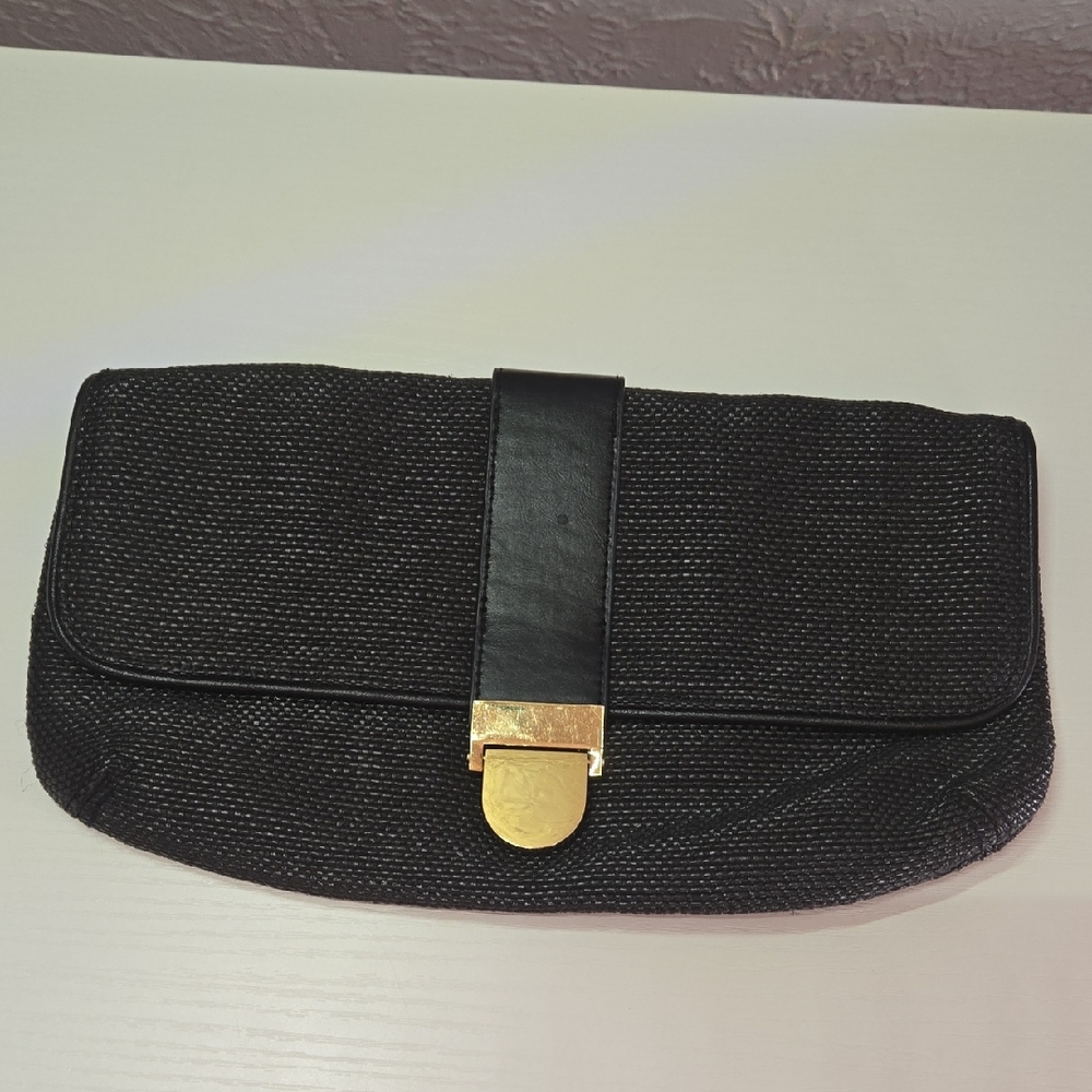 Banana Republic Black Jute Clutch With Gold Hardware
